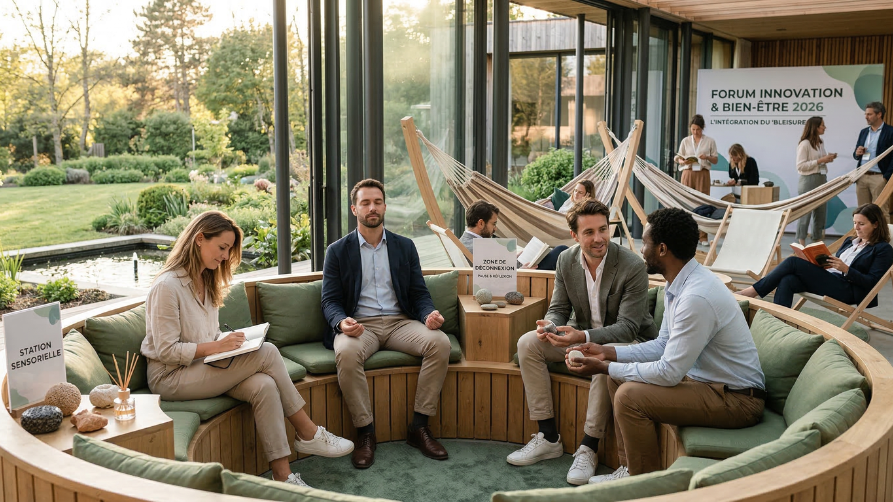Un groupe de professionnels en tenue décontractée chic se détend dans un pavillon lumineux largement ouvert sur la nature. Au premier plan, des participants discutent, lisent et méditent sur une grande banquette circulaire aux coussins verts, près d'un panneau indiquant "Station Sensorielle". En arrière-plan, d'autres personnes se reposent dans des hamacs sous un panneau "Zone de Déconnexion". L'ambiance générale est calme, ressourçante et axée sur le bien-être au travail.