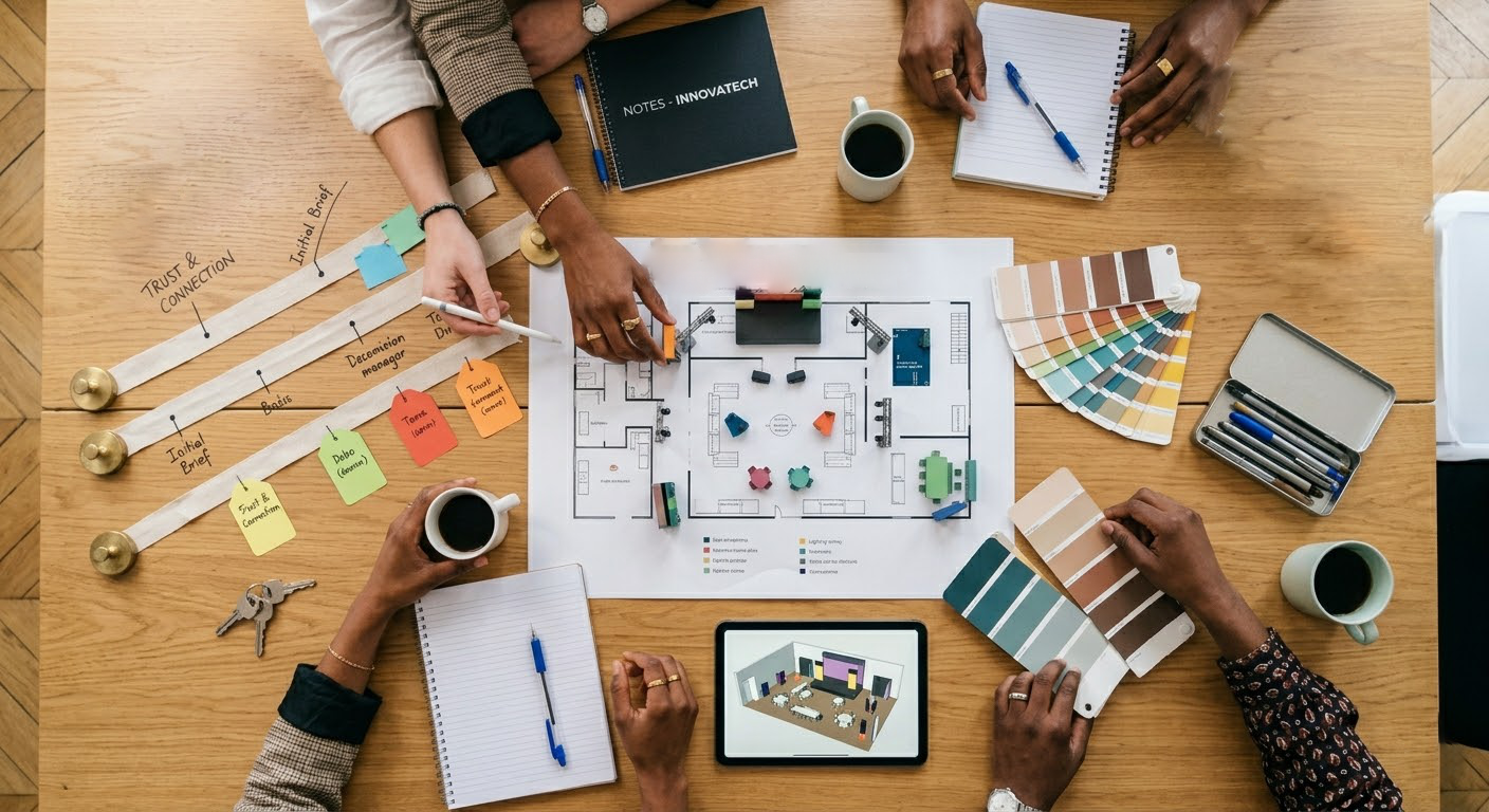 Vue de dessus d'une équipe diversifiée collaborant autour d'une table en bois sur un projet événementiel. Au centre, leurs mains interagissent avec un plan au sol détaillé comportant de petites maquettes 3D. Autour du plan sont disposés des nuanciers de couleurs, une tablette affichant un rendu 3D de salle, des carnets de notes, des stylos, des tasses de café, et un outil de planification avec diverses étiquettes. L'image illustre le travail d'équipe, l'organisation et la créativité.