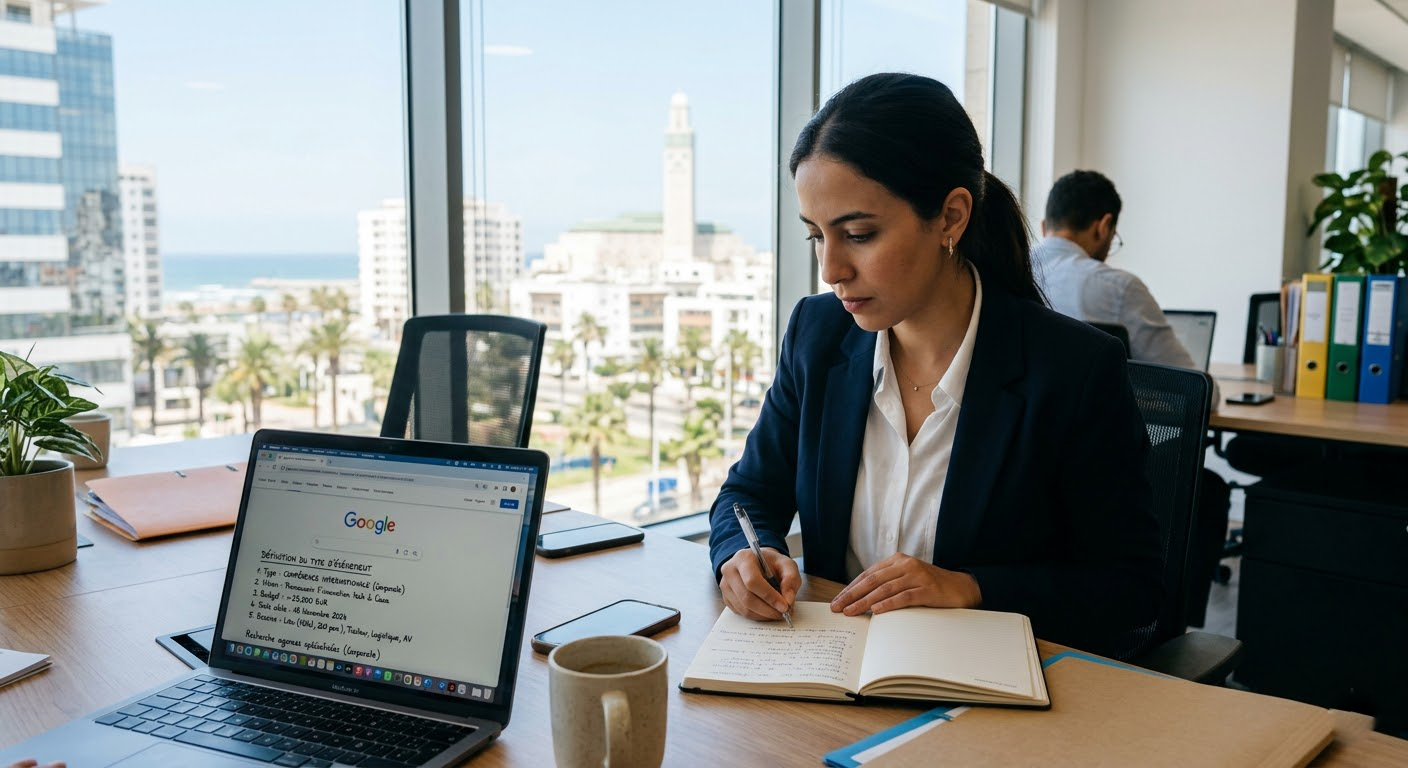 Une femme en tenue professionnelle assise à un bureau lumineux, prenant des notes dans un carnet. Devant elle, un ordinateur portable ouvert affiche une liste de critères pour la planification d'un événement. En arrière-plan, on aperçoit la ville de Casablanca et l'océan à travers une grande baie vitrée.