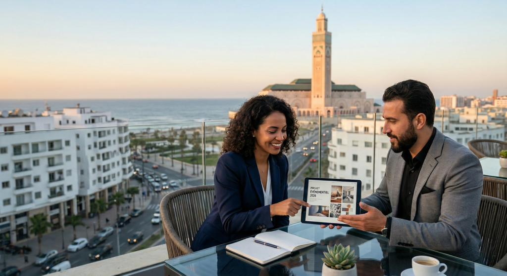 Un homme et une femme en tenue d'affaires sourient et collaborent autour d'une tablette affichant "Projet événementiel 2026". Ils sont installés sur un toit-terrasse à Casablanca, avec la mosquée Hassan II et l'océan atlantique en arrière-plan au coucher du soleil.