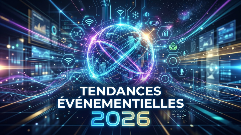 Image de couverture sans personnages montrant un arrière-plan technologique moderne fait de lignes lumineuses bleues et violettes interconnectées. Au centre, le texte "TENDANCES ÉVÉNEMENTIELLES 2026" est écrit en grands caractères clairs.