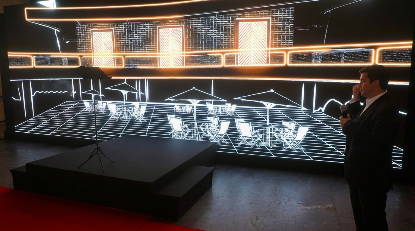 Installation événementielle avec un grand écran diffusant un mapping vidéo réalisé par TTEVENTS. Le visuel montre un décor en dessin au trait lumineux sur fond noir, représentant un balcon en briques avec des néons orange et une terrasse avec des parasols. Au premier plan, une petite scène noire avec un pupitre, et sur la droite, un animateur tenant un microphone.