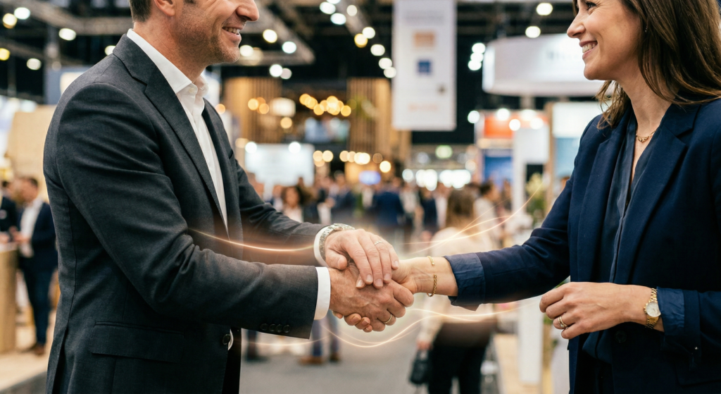 Gros plan sur une poignée de main entre un homme et une femme d'affaires lors d'un événement de réseautage. L'arrière-plan est flou et montre un salon professionnel haut de gamme. De subtiles lignes lumineuses dorées entourent la poignée de main, symbolisant la connexion, le partenariat et le succès.