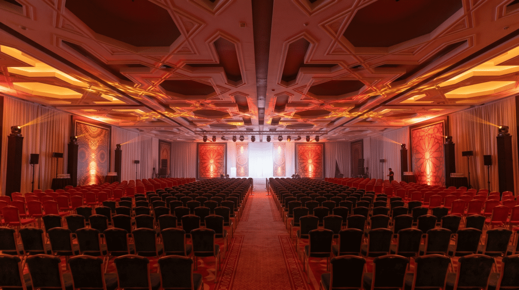 A wide-angle, symmetrical view down the central aisle of a large, empty event hall. Hundreds of dark chairs are neatly arranged in long rows facing a stage in the distance. The room is bathed in dramatic, warm red and orange lighting. The ceiling features an intricate, recessed geometric design, and the walls are adorned with large, ornate, illuminated decorative panels.