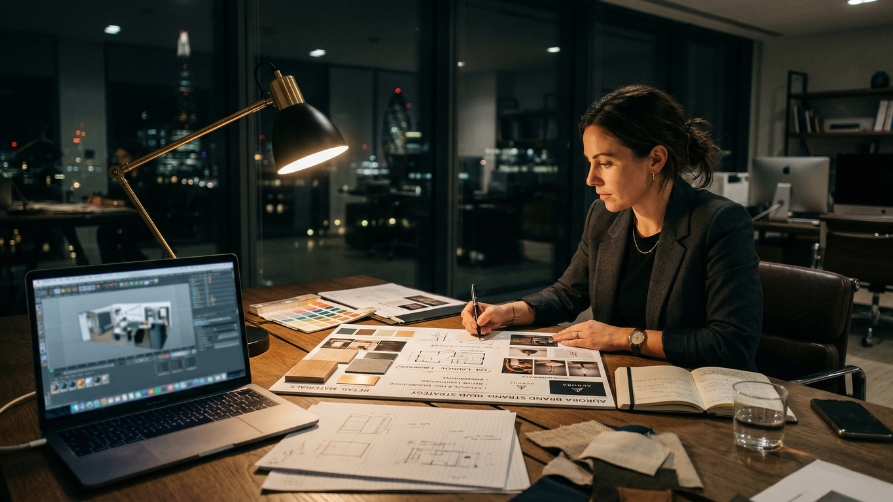 Une directrice de création concentrée travaillant tard la nuit dans un bureau moderne et élégant. Elle est assise à un grand bureau en bois éclairé par la lumière chaleureuse d'une lampe de travail. Le bureau est recouvert de croquis, de planches de tendances, d'échantillons de tissus et de matériaux, ainsi que d'un ordinateur portable affichant une interface de conception 3D. En arrière-plan, de grandes baies vitrées laissent entrevoir les lumières floues d'une ville la nuit. L'atmosphère générale est luxueuse, sombre et cinématographique.