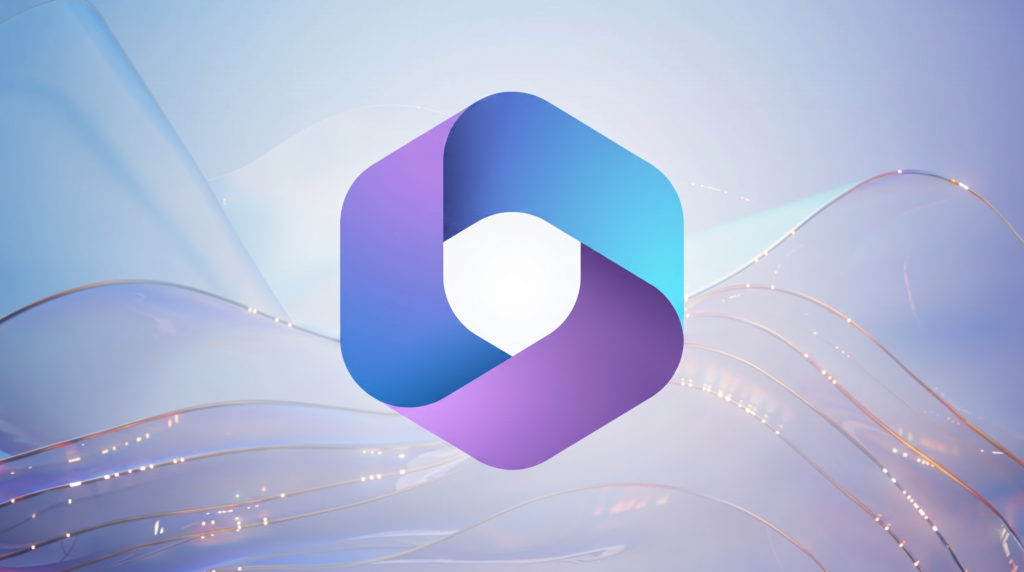 Un logo en 3D représentant un ruban continu formant un hexagone asymétrique avec un espace vide au centre, coloré d'un dégradé allant du bleu clair au violet. Il est centré sur un fond abstrait lumineux et fluide aux tons pastel, composé de vagues douces évoquant du verre ou de la soie, et traversé par de fines lignes scintillantes dorées et argentées.