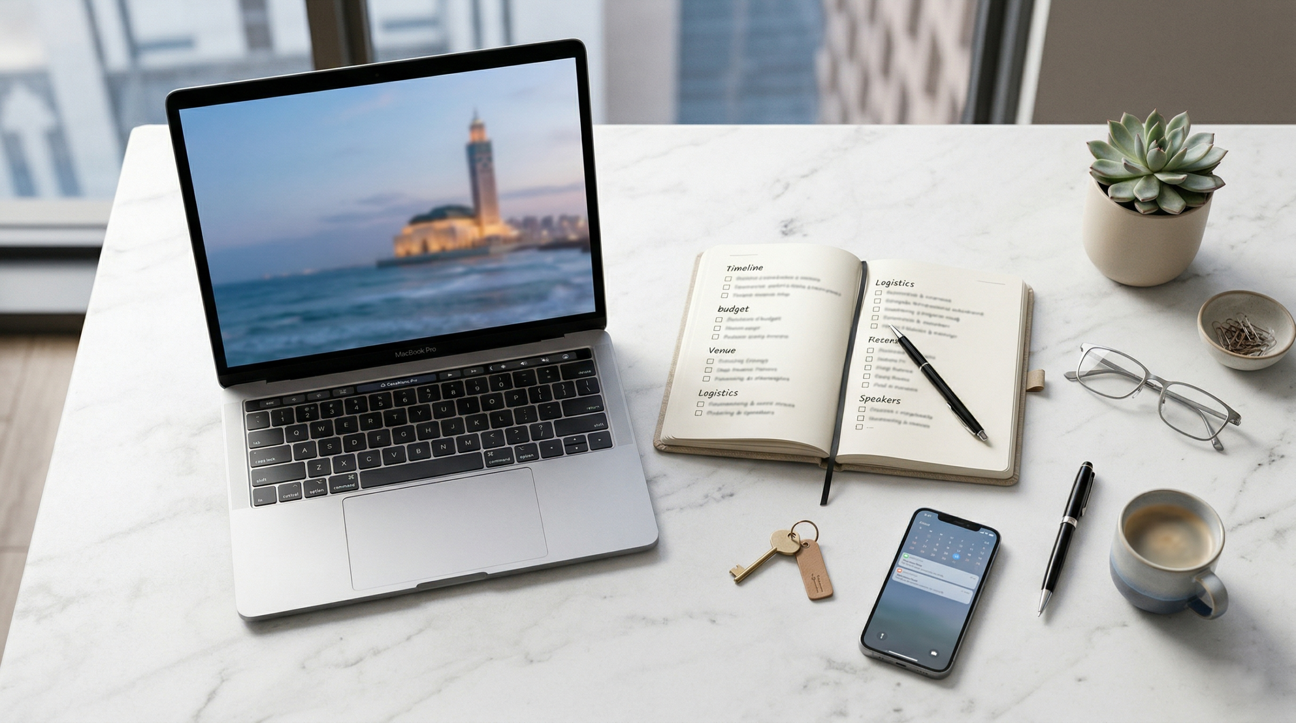 Vue de dessus (flat lay) d'un bureau élégant en marbre blanc. On y voit un ordinateur portable dont l'écran affiche une vue floutée de la Mosquée Hassan II de Casablanca, un carnet ouvert présentant des listes de tâches d'organisation (Timeline, Budget, Logistics), un stylo posé dessus, un smartphone allumé, une tasse de café, des lunettes de vue, un trousseau de clés et une petite plante succulente. L'ensemble dégage une atmosphère professionnelle, organisée et épurée.