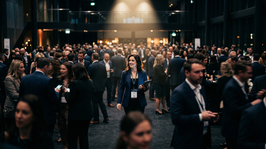 Une professionnelle en costume bleu marine, tenant une tablette et un badge, est mise en lumière au centre d'un grand hall d'hôtel bondé lors d'un cocktail de réseautage. Elle marche vers l'avant avec assurance, entourée d'une foule d'hommes et de femmes d'affaires en tenue d'affaires (légèrement flous), sous un éclairage d'ambiance tamisé avec un grand lustre en arrière-plan.
