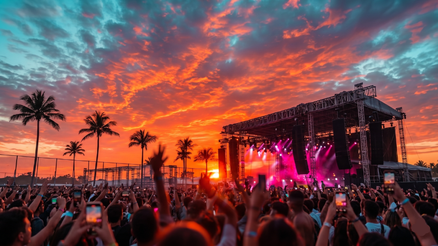Une foule nombreuse assiste à un concert en plein air lors d'un spectaculaire coucher de soleil. Le ciel est couvert de nuages aux teintes vibrantes d'orange, de rouge et de bleu. À droite, une grande scène de festival est illuminée par de puissants projecteurs roses et violets. Sur la gauche, les silhouettes de plusieurs grands palmiers se détachent contre la lumière vive du soleil couchant à l'horizon. Au premier plan, les spectateurs en silhouette lèvent les bras, beaucoup d'entre eux tenant leurs smartphones en l'air pour filmer ou photographier l'événement.